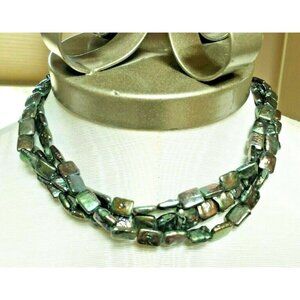 3 Strand 17  1/4" Green Copper Iridescent Square Pearl Necklace Sterling Closure